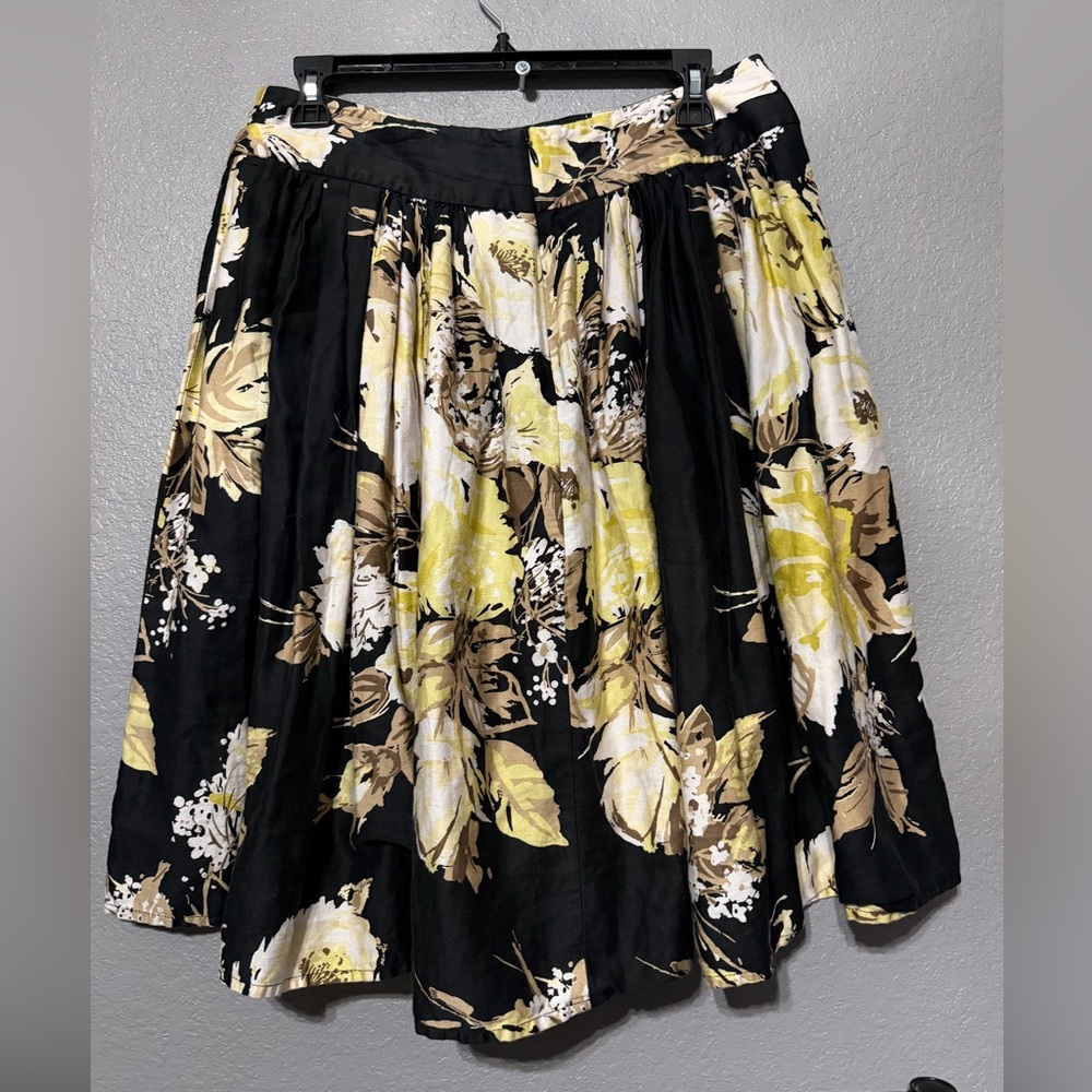 LOFT Black Floral A-Line Midi Skirt with Yellow and Cream Blooms